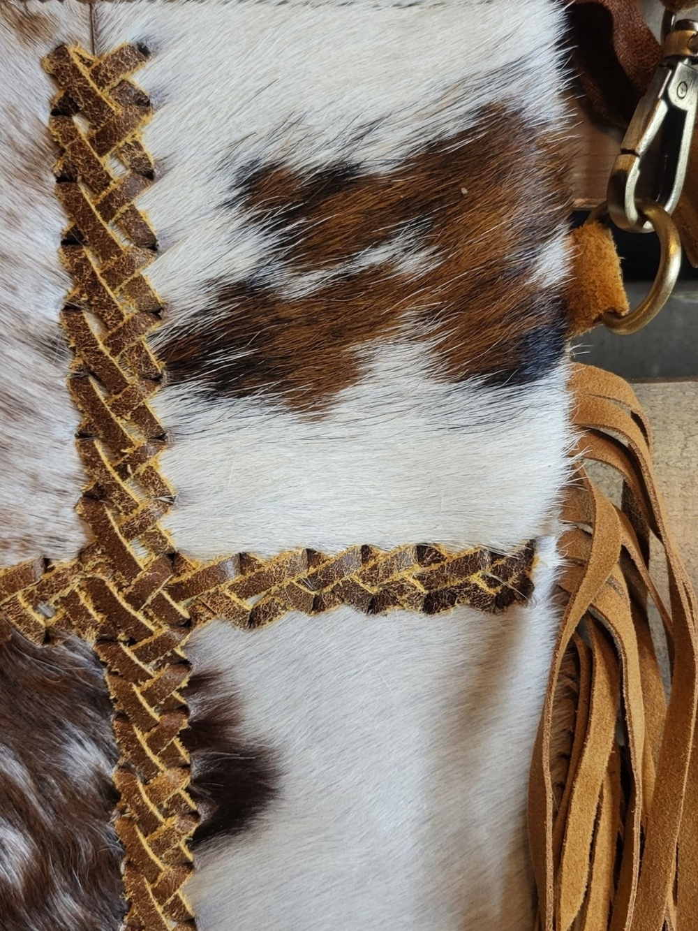 Chesney Patchwork Cowhide Fringe Crossbody Bag - Picture 2 of 9